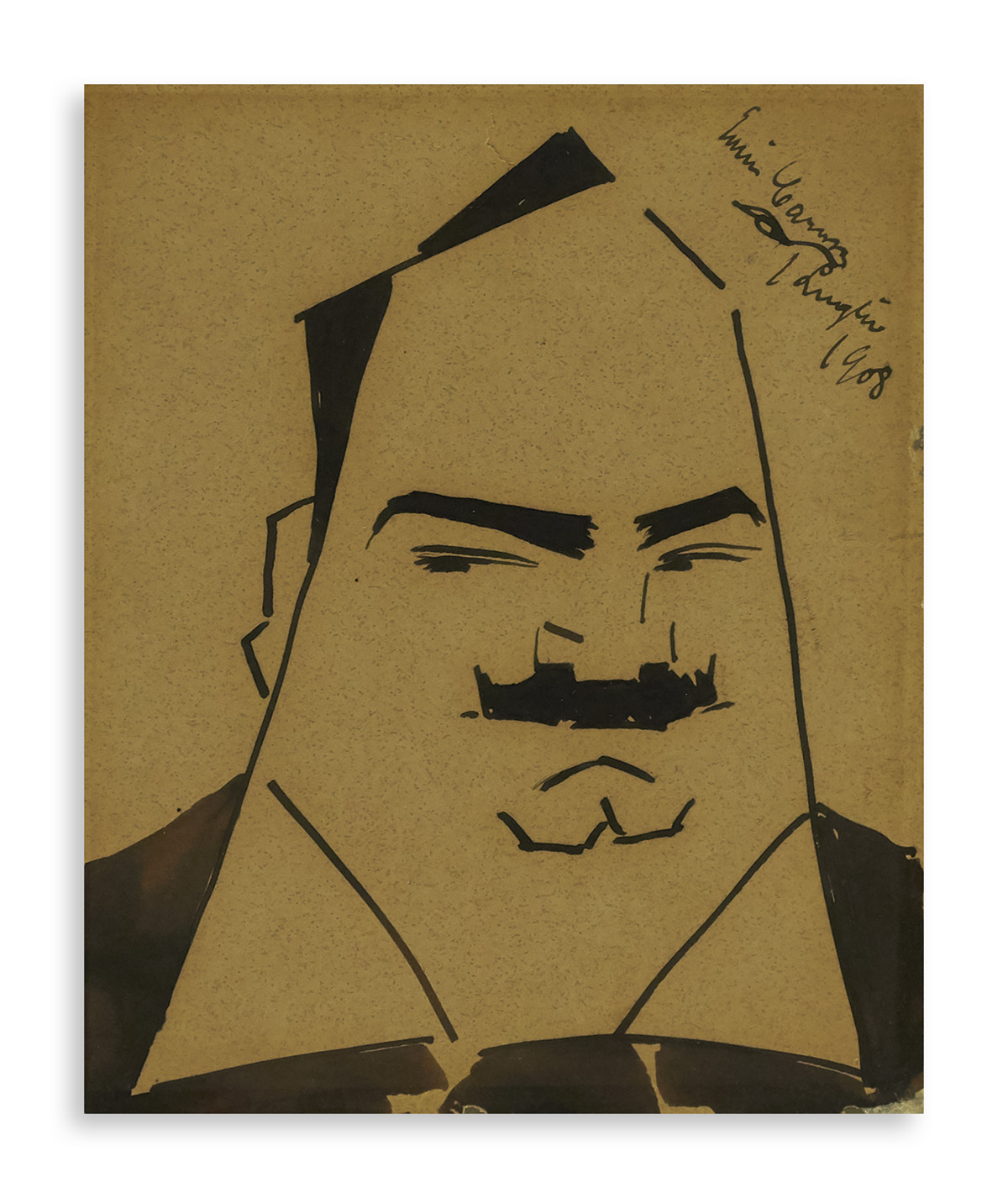 CARUSO, ENRICO. Ink drawing, dated and Signed, self-caricature showing his bust while he makes a sidelong glance.